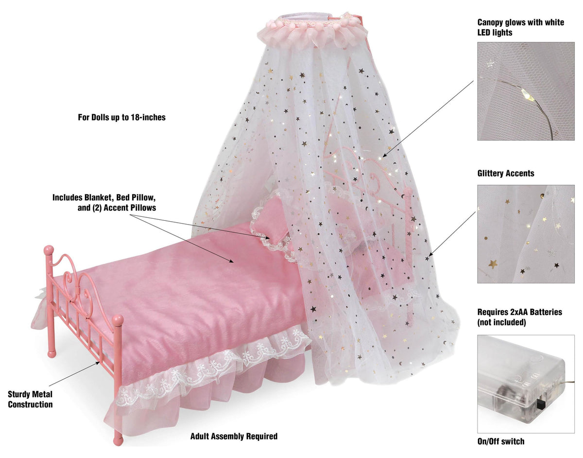 Pink Metal Doll Bed with Canopy and Bedding K9822