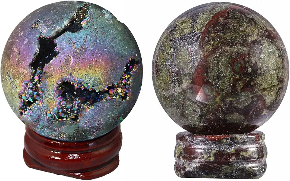 Pack of 2 Rainbow Titanium Coated Druzy Geode Sphere Ball & Natural Dragon Blood Stone Crystal Ball W4259