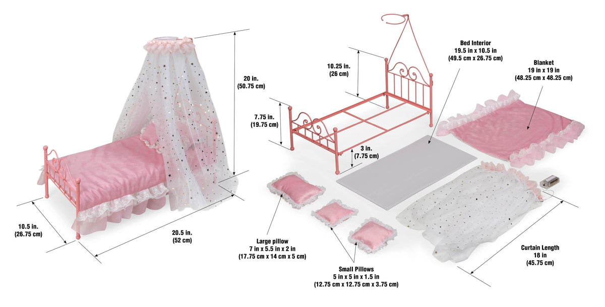 Pink Metal Doll Bed with Canopy and Bedding K9822