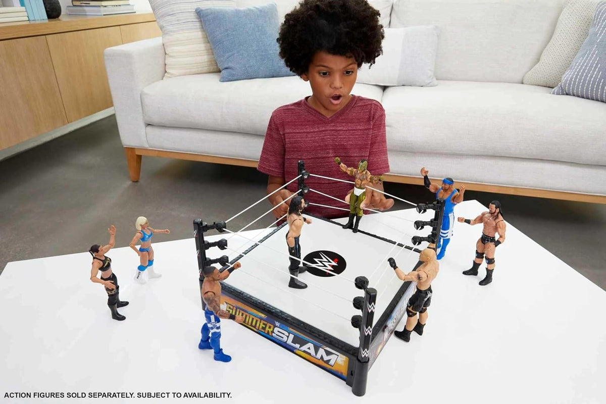 WWE Superstar Ring Playset with Spring-Loaded Mat, Pro-Tension Ropes & 4 Event Stickers, 14-inch C789
