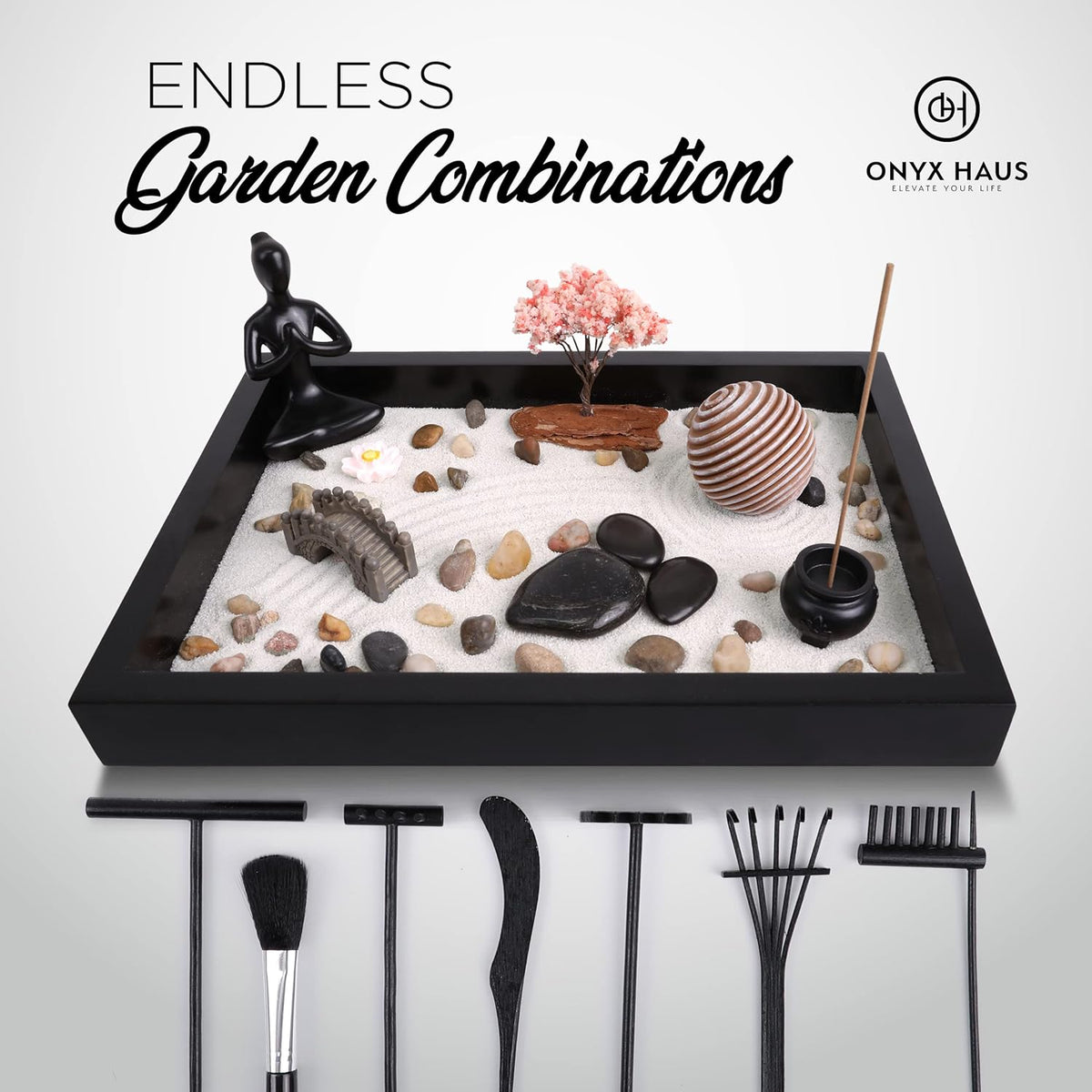 Zen Garden Desk Decor Set with Wooden Tray, White Sands, Rocks, Rake Tools, Pack of 2 E5663