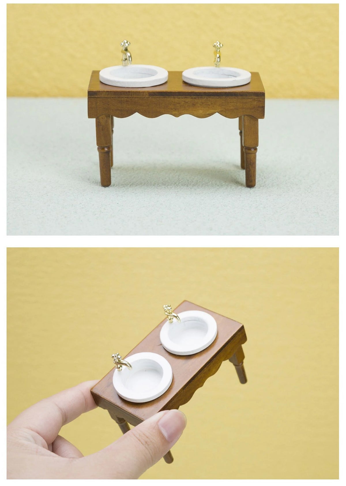 Walnut Color Double Basin Wash Sink Dollhouse Miniature Furniture K9508