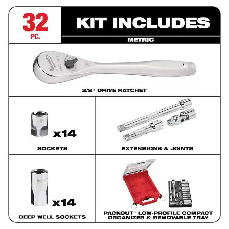 3/8 in. Drive Metric Ratchet and Socket Tool Set 32-Piece I95213