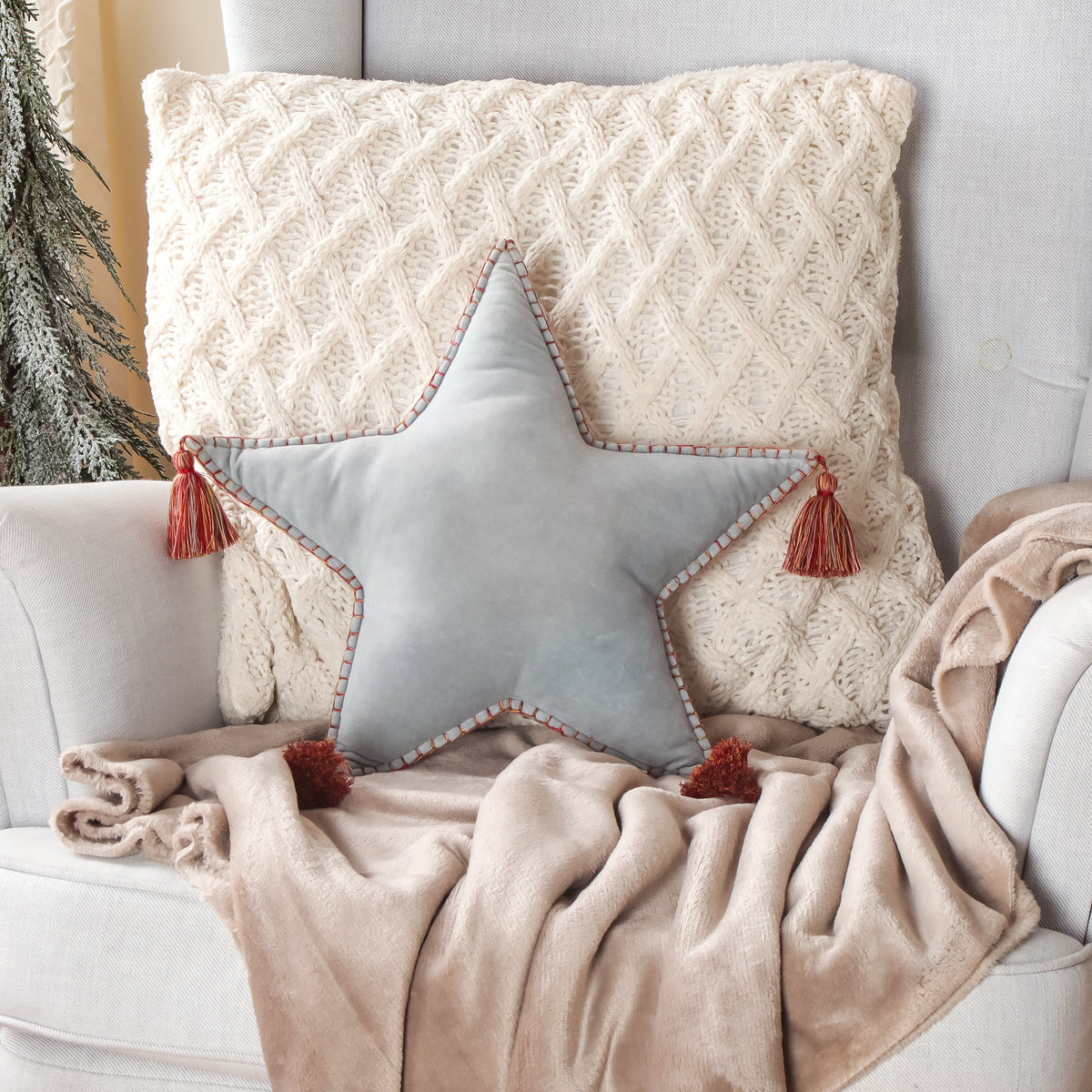 Star Shaped Pillow With Tassels Light Blue 16in W899