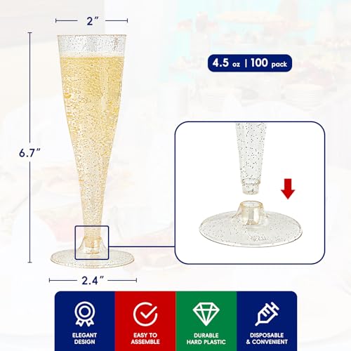 100 Pack 4.5 oz Gold Glitter Plastic Champagne Flutes B3635