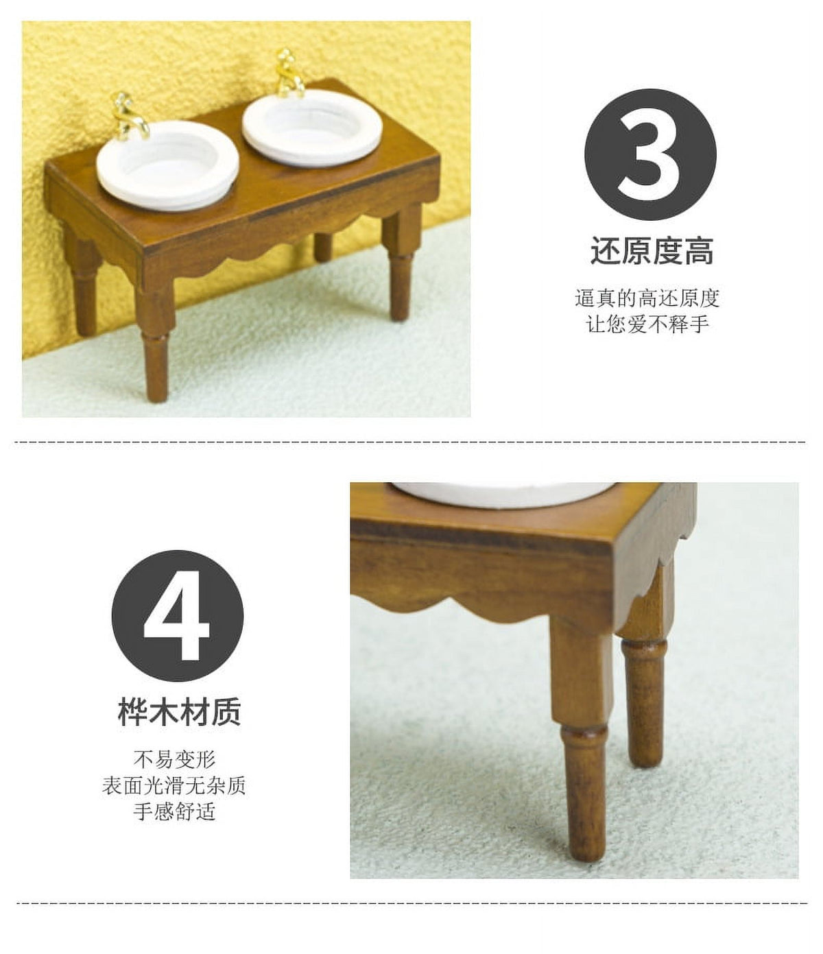 Walnut Color Double Basin Wash Sink Dollhouse Miniature Furniture K9508