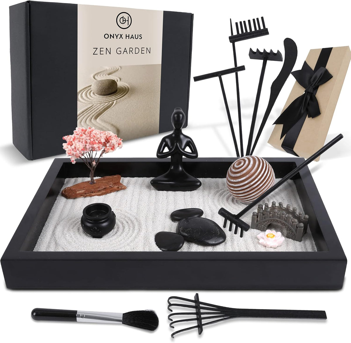 Zen Garden Desk Decor Set with Wooden Tray, White Sands, Rocks, Rake Tools, Pack of 2 E5663