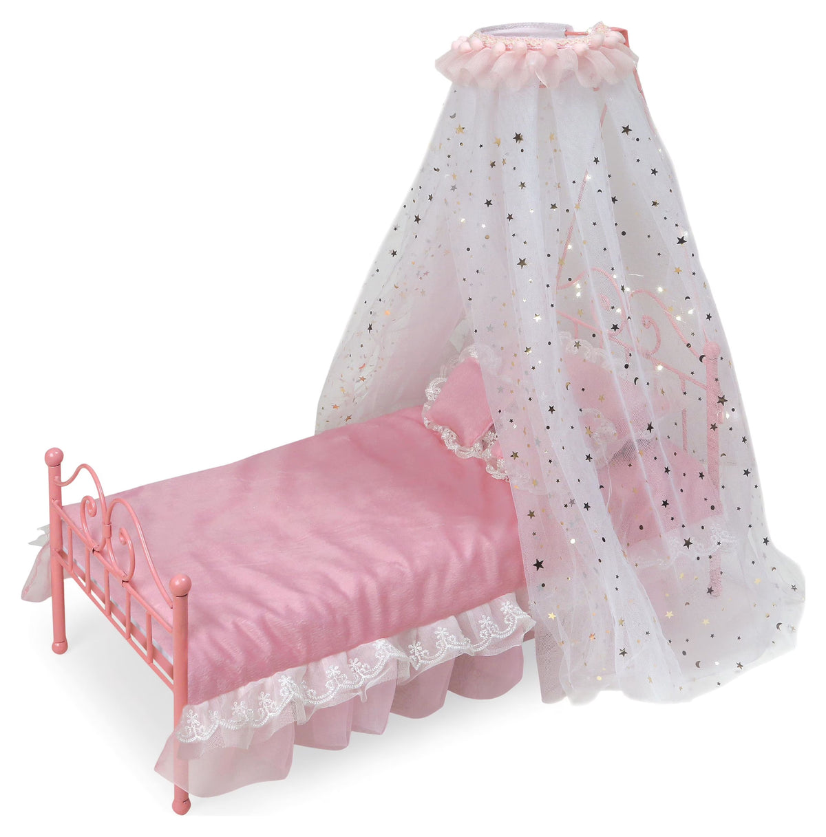 Pink Metal Doll Bed with Canopy and Bedding K9822