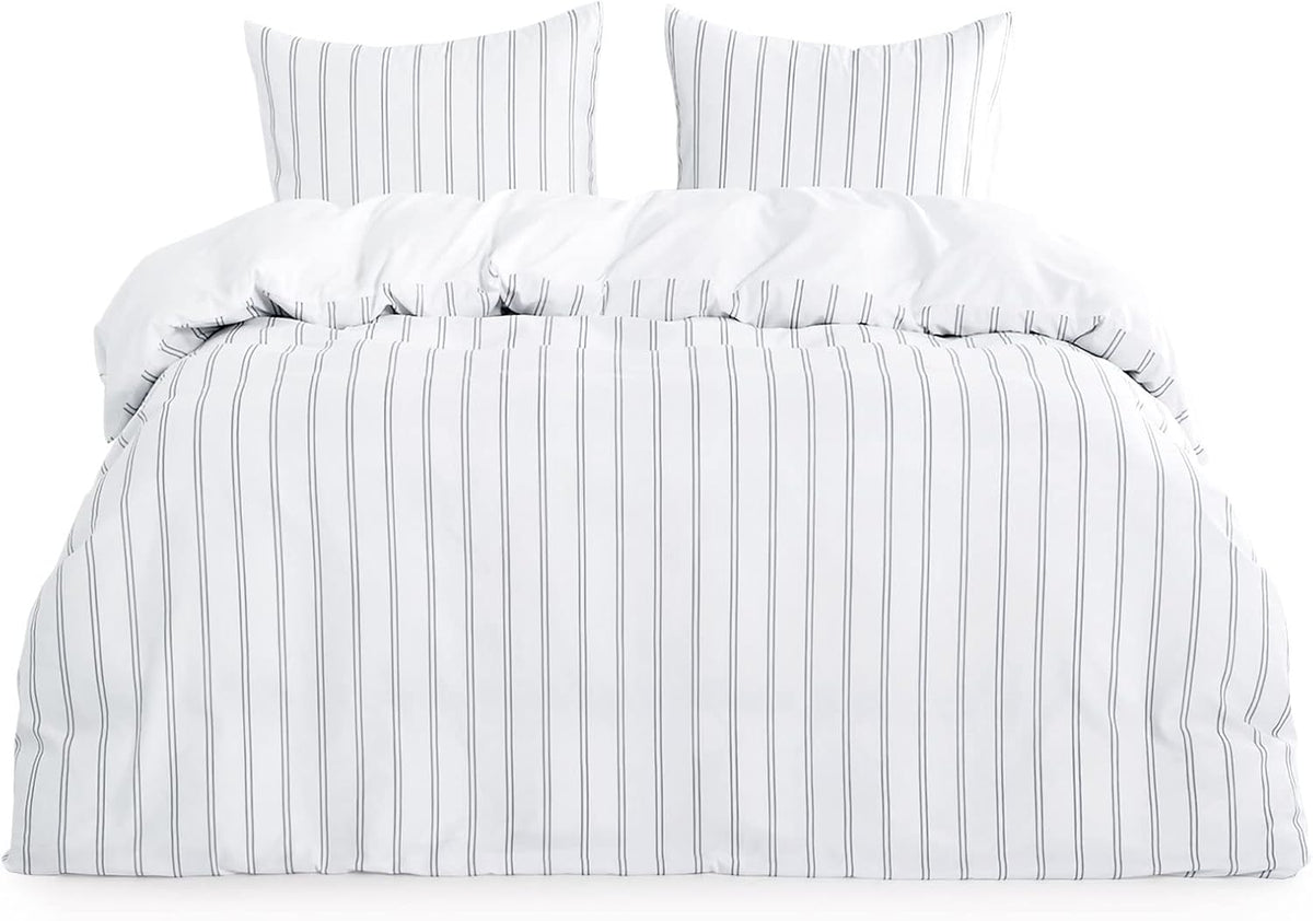 Navy Blue Striped Microfiber Duvet Cover Set (3pcs, King Size) A9814