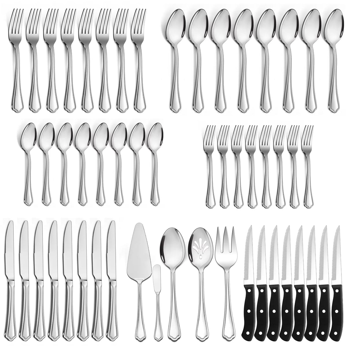 53-Piece Stainless Steel Silverware Set with Steak Knives Q52573