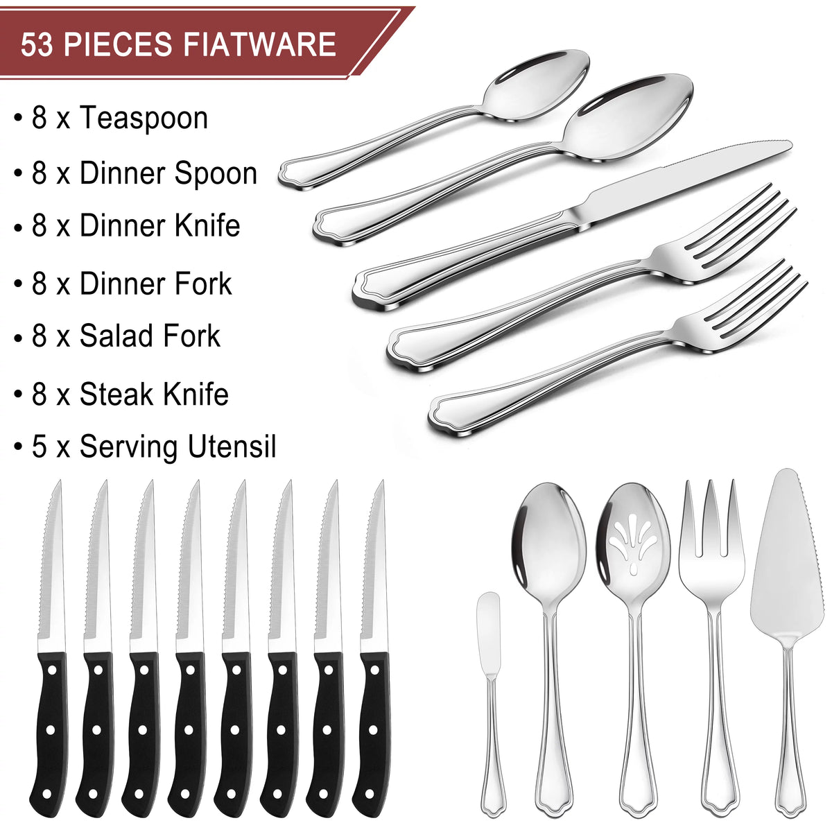 53-Piece Stainless Steel Silverware Set with Steak Knives Q52573