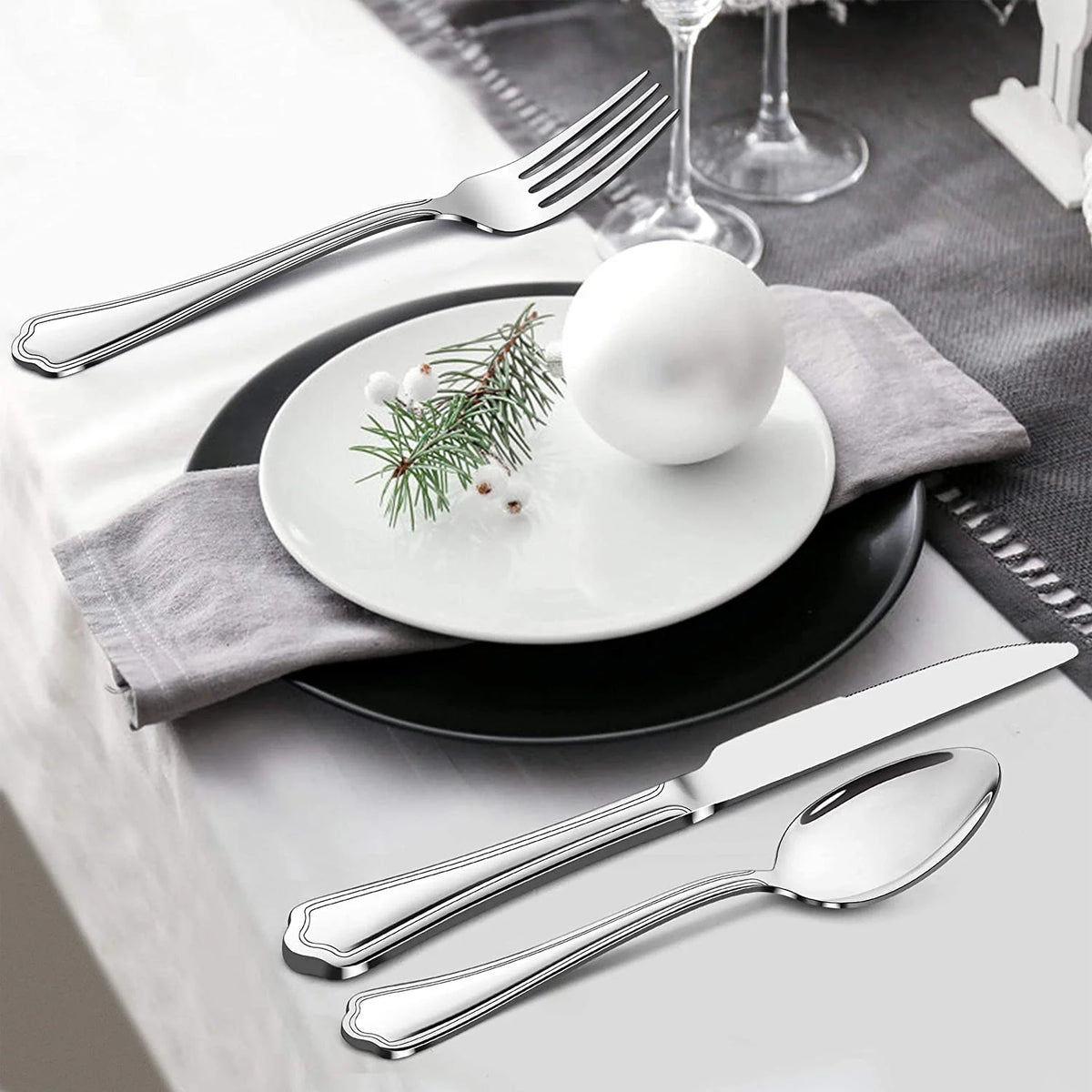 53-Piece Stainless Steel Silverware Set with Steak Knives Q52573