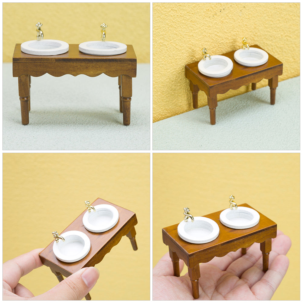 Walnut Color Double Basin Wash Sink Dollhouse Miniature Furniture K9508