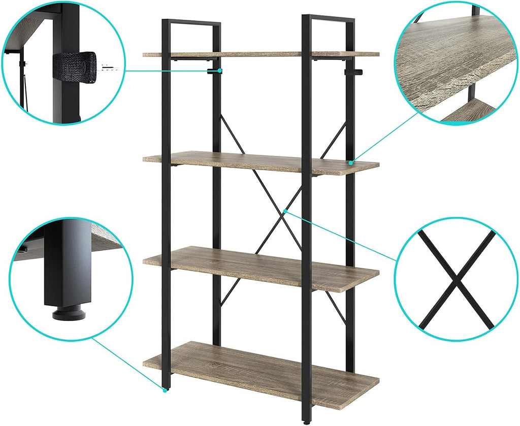 4-Tier Metal Frame Bookcase with Wood Shelves A772