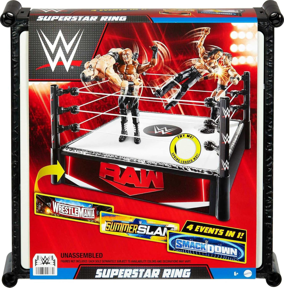WWE Superstar Ring Playset with Spring-Loaded Mat, Pro-Tension Ropes & 4 Event Stickers, 14-inch C789