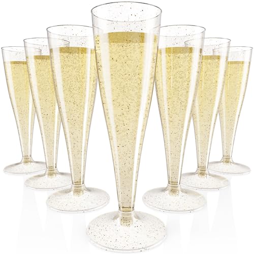 100 Pack 4.5 oz Gold Glitter Plastic Champagne Flutes B3635