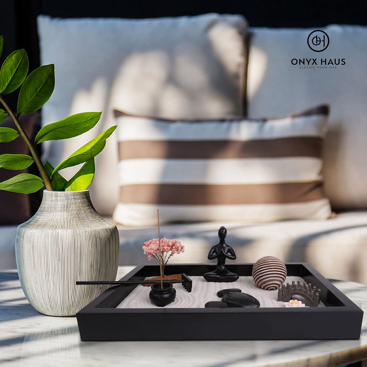 Zen Garden Desk Decor Set with Wooden Tray, White Sands, Rocks, Rake Tools, Pack of 2 E5663