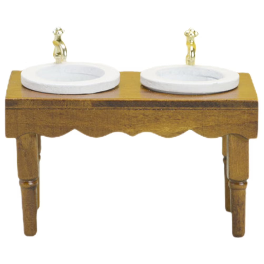 Walnut Color Double Basin Wash Sink Dollhouse Miniature Furniture K9508