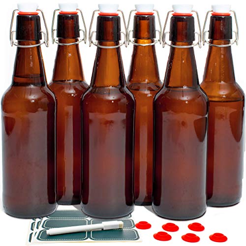 Swing Top Glass Bottles Set of 6, 16oz Clear with Caps D839