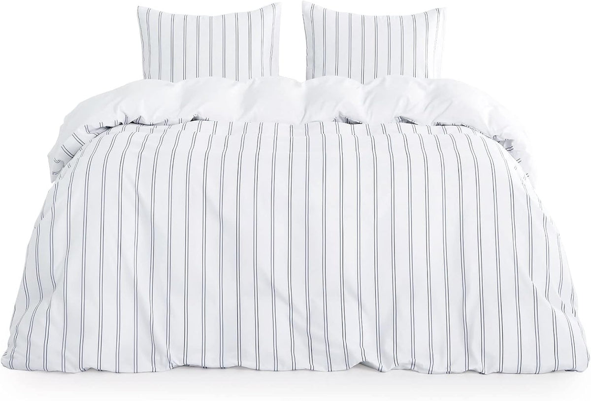 Navy Blue Striped Microfiber Duvet Cover Set (3pcs, King Size) A9814