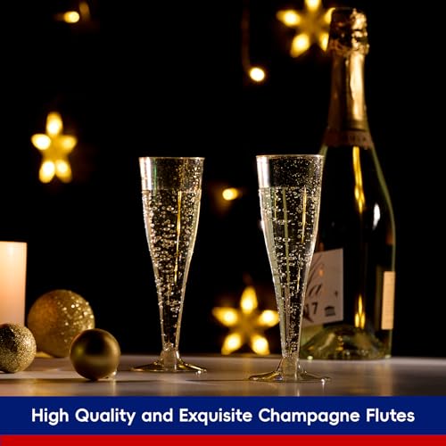 100 Pack 4.5 oz Gold Glitter Plastic Champagne Flutes B3635