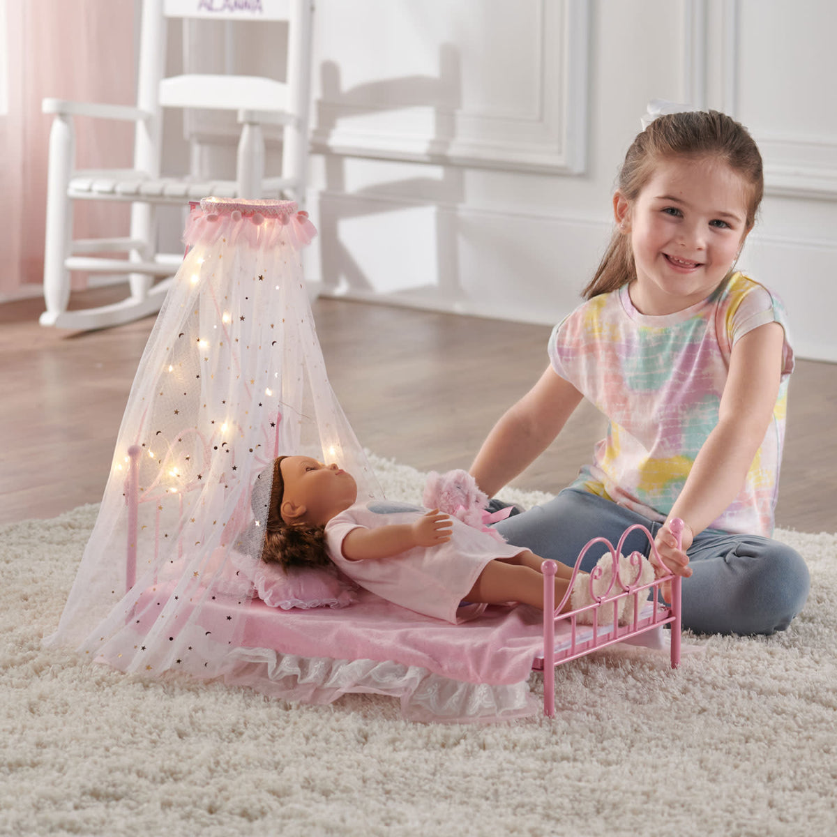 Pink Metal Doll Bed with Canopy and Bedding K9822