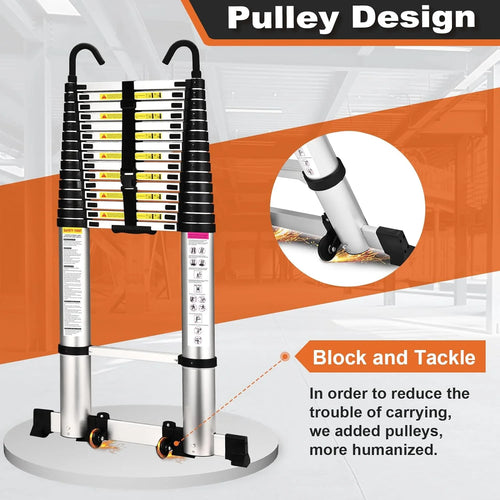 12.5 FT Aluminum Telescoping Extension Ladder with 2 Triangle Stabilizers H44057