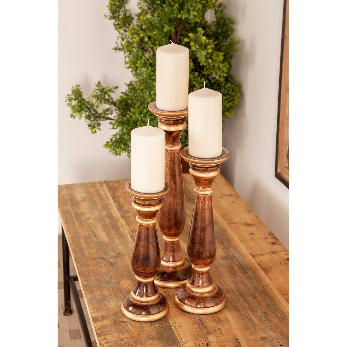 Brown Wood Baluster Candle Holders - Set of 3 F125652
