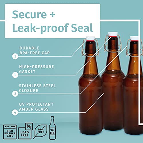 Swing Top Glass Bottles Set of 6, 16oz Clear with Caps D839